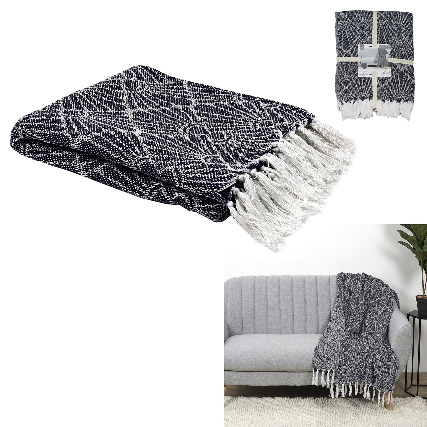 Plaid Jete Jacquard Geometrique Bleu 125X150Cm