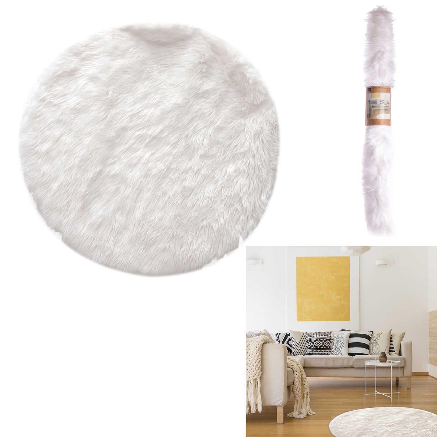 Tapis Rond Imitation Fourrure Ecru 115Cm