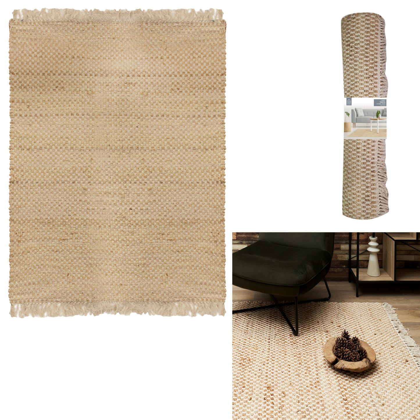 Tapis Jute Avec Franges 120X170Cm