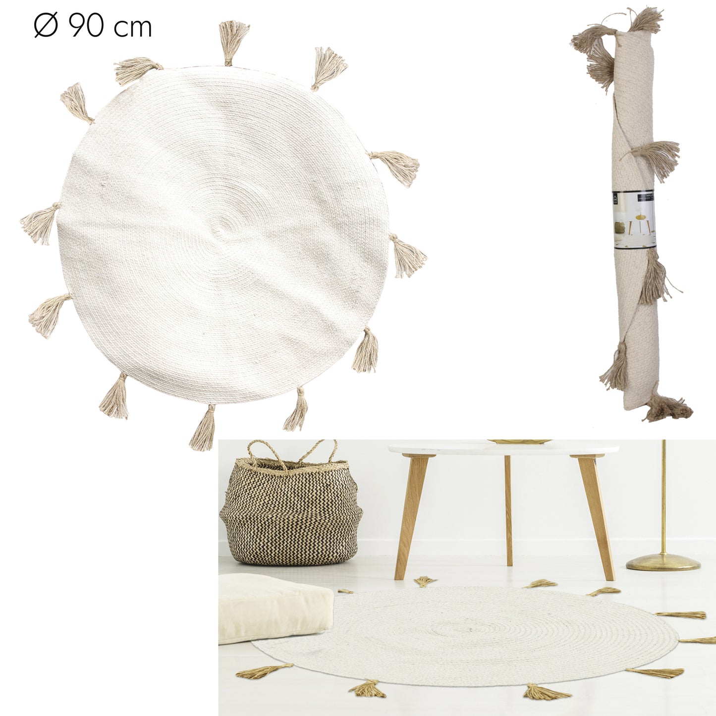 Tapis Rond Coton Pompon Beige 90Cm