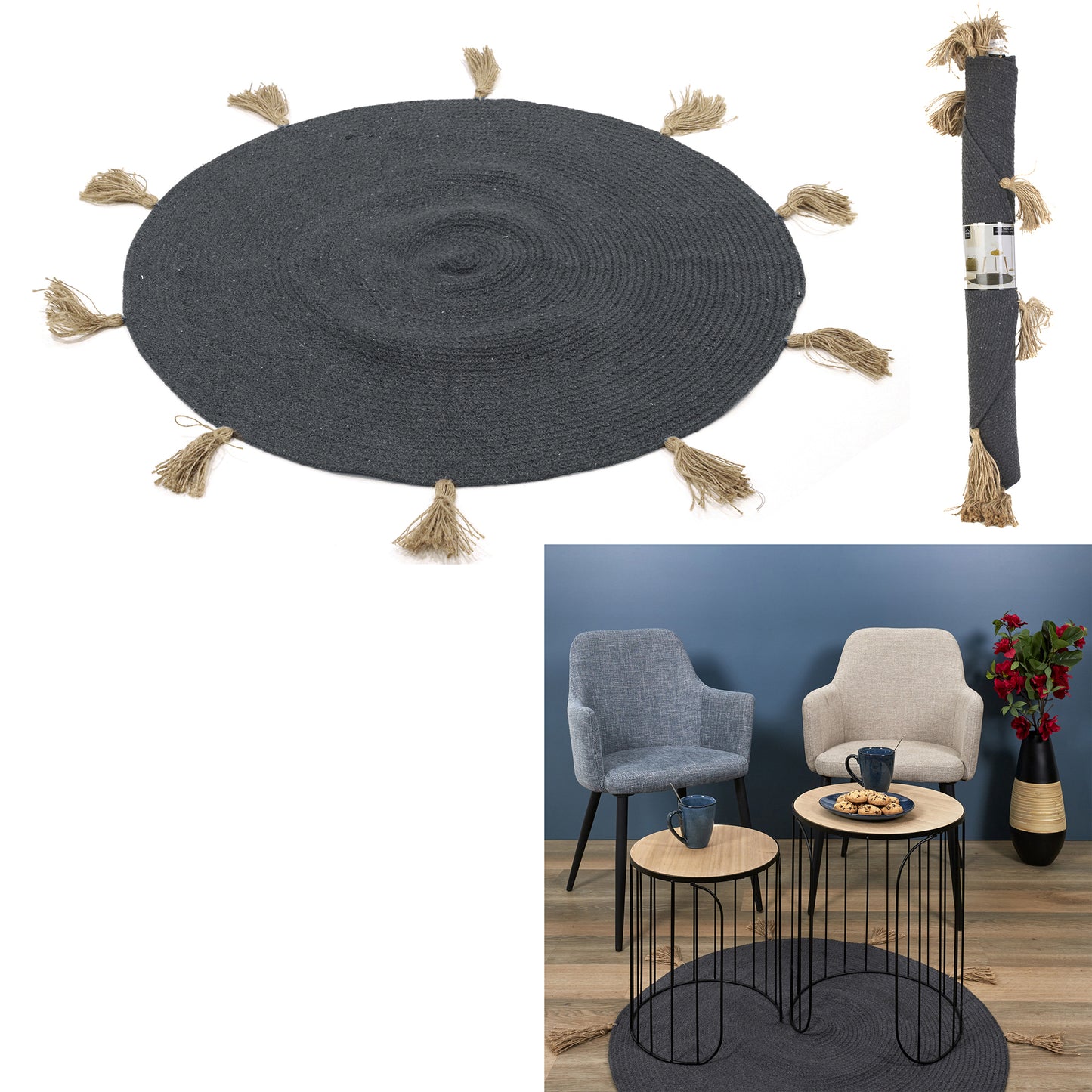 Tapis Rond Coton Pompon Gris 90Cm