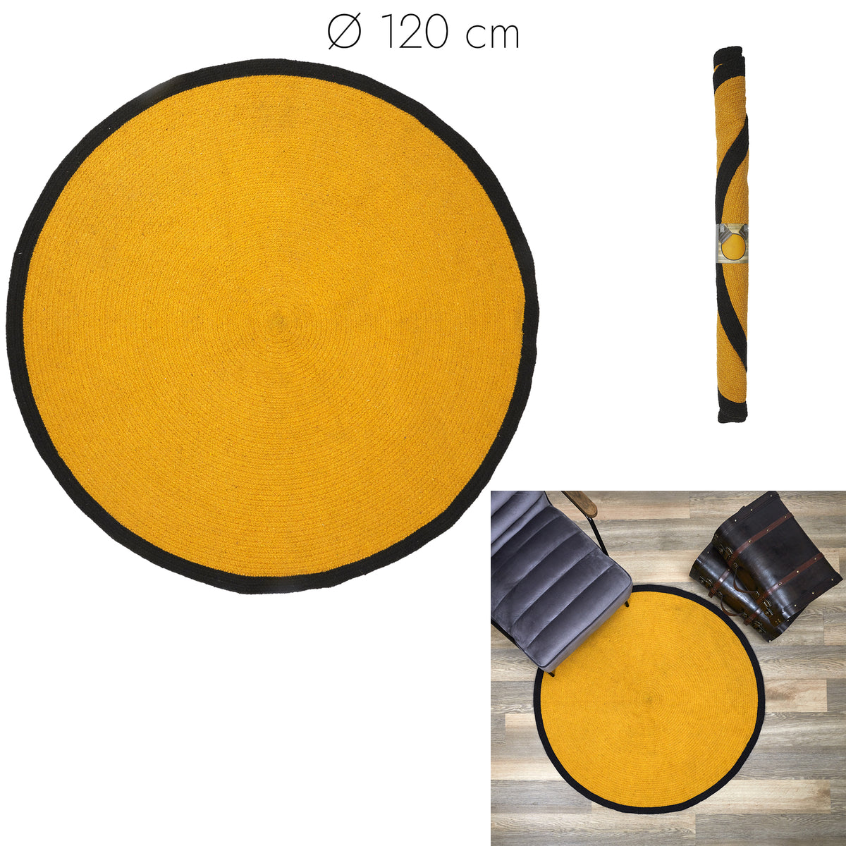 Tapis Rond Coton Moutarde Bord Noir 120Cm