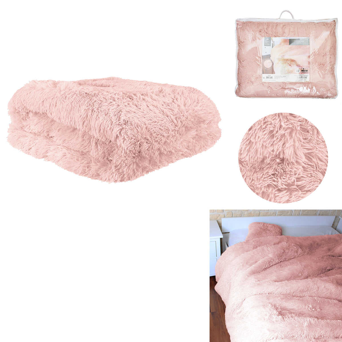 Couvre Lit Poils Longs Rose 220X240Cm