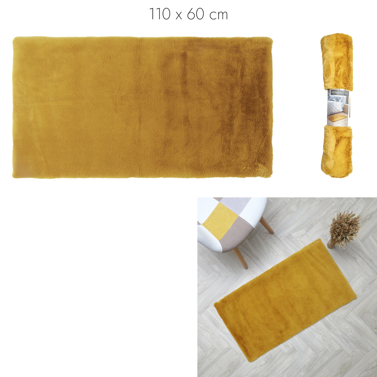 Tapis Imitation Fourrure Fin Moutarde 110X60Cm