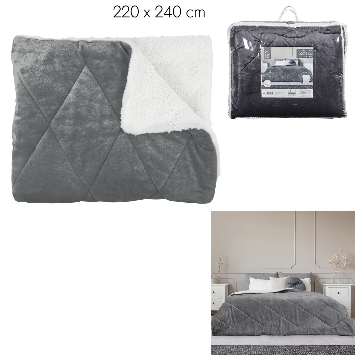 Couvre Lit Flanelle Sherpa Gris 220X240Cm