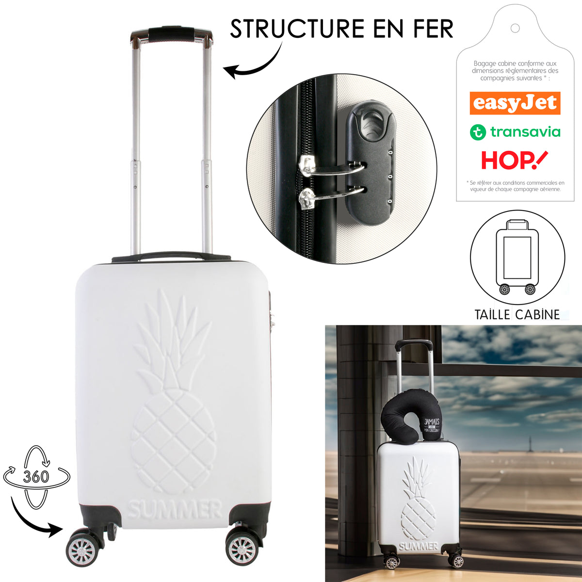 Valise Cabine Embossee Ananas Blanche 52X33X21C