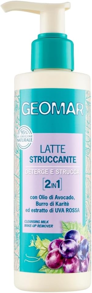 Geomar Lait Démaquillant 2 en 1 Nettoie et déchiqueter à l'huile d'avocat, beurre de karité et extrait de raisin rouge, 200 ml