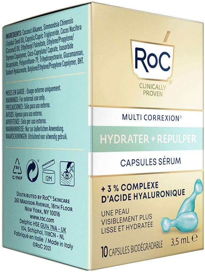 RoC - Multi Correxion Hydrate + Plump Sérum - Pour L'hydratation de la Peau - Effet Repulpant Maximal - Acide Hyaluronique - 10 Capsules