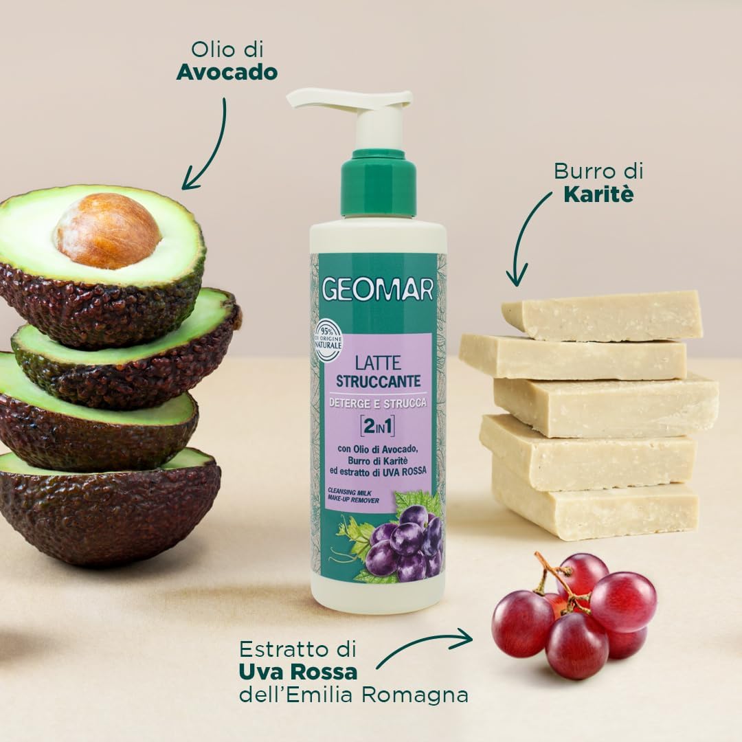 Geomar Lait Démaquillant 2 en 1 Nettoie et déchiqueter à l'huile d'avocat, beurre de karité et extrait de raisin rouge, 200 ml