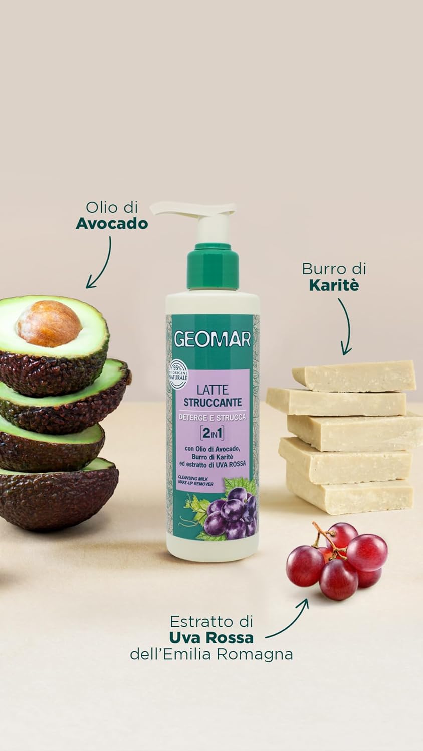 Geomar Lait Démaquillant 2 en 1 Nettoie et déchiqueter à l'huile d'avocat, beurre de karité et extrait de raisin rouge, 200 ml