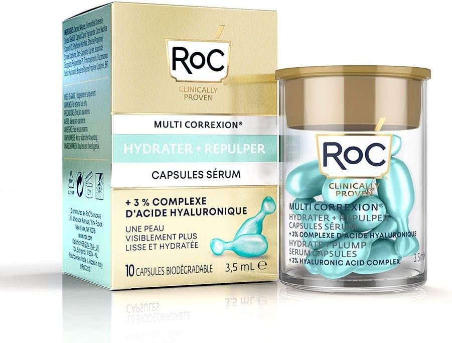 RoC - Multi Correxion Hydrate + Plump Sérum - Pour L'hydratation de la Peau - Effet Repulpant Maximal - Acide Hyaluronique - 10 Capsules