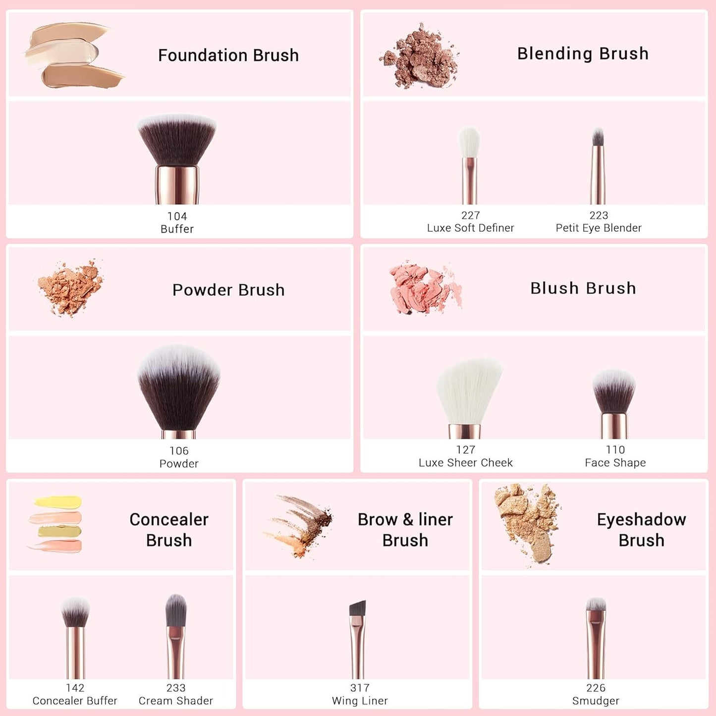 Jessup Lot de 10 pinceaux de maquillage - Pour fond de teint, eyeliner, anti-cerne, tampon - Fabrication artisanale - Poils synthétiques - Kit d'outils de maquillage - Noir et or rose - T156