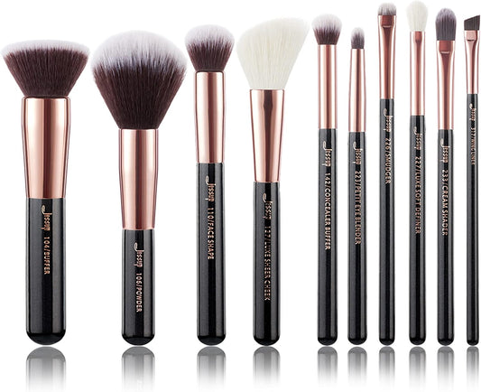 Jessup 10 Pcs Makeup Brushes Set Foundation Eyeliner Concealer Stamp Craft Synthetic Bristles Makeup Tool Kit Black Rose Gold T156