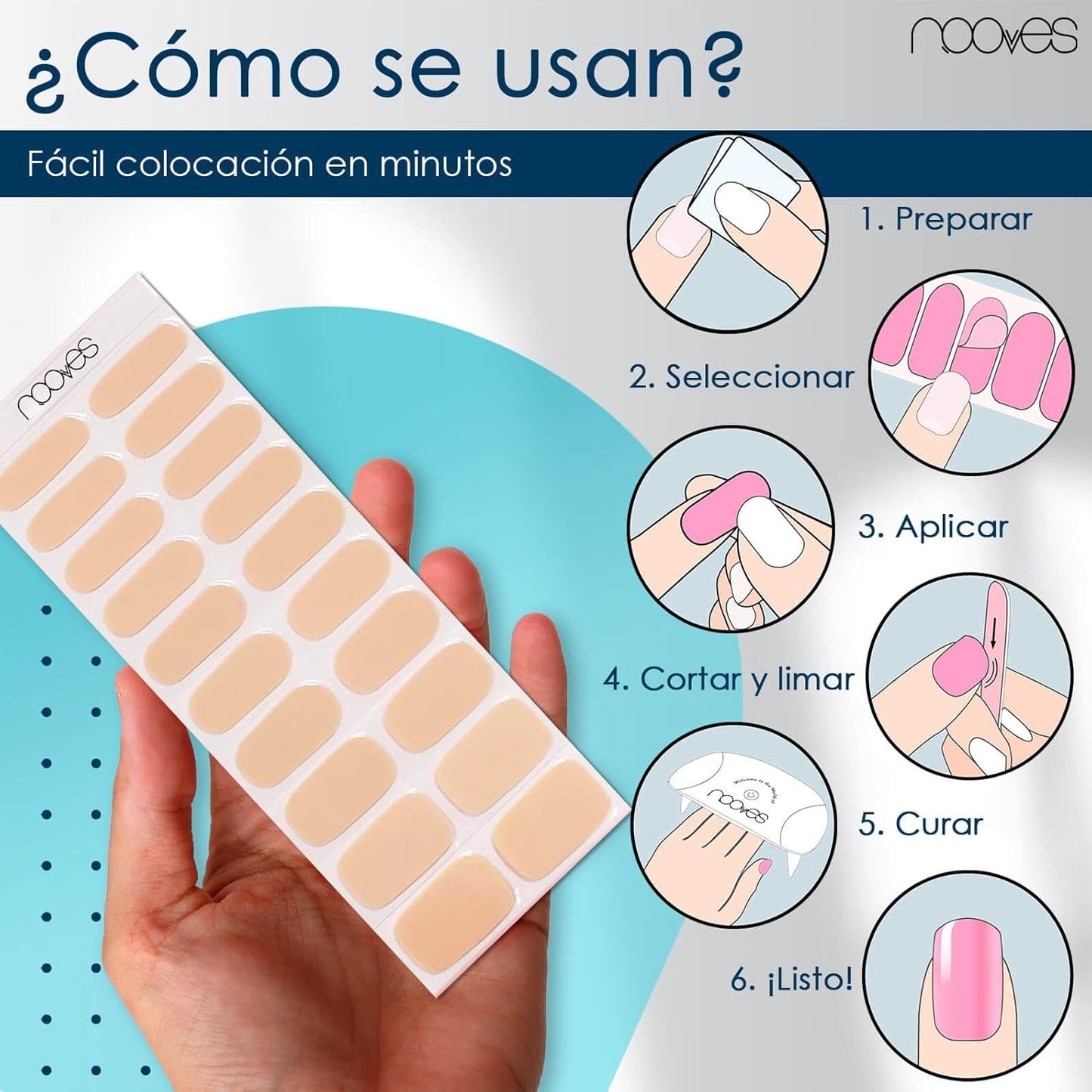 NOOVES - Pack de 20 feuilles de gel pour ongles couleur nude + lampe de séchage UV / LED, ongles en gel semi-durcis premium, gel Nail Stickers, autocollants en gel, avec 1 lime à ongles