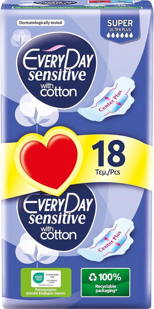 EveryDay Sensitive Super, Filtrant avec Coton, Serviettes Hygiéniques Longues avec Ailettes, Flux Abondant, 18 Unité