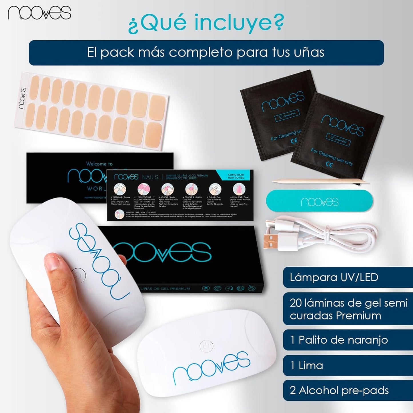 NOOVES - Pack de 20 feuilles de gel pour ongles couleur nude + lampe de séchage UV / LED, ongles en gel semi-durcis premium, gel Nail Stickers, autocollants en gel, avec 1 lime à ongles