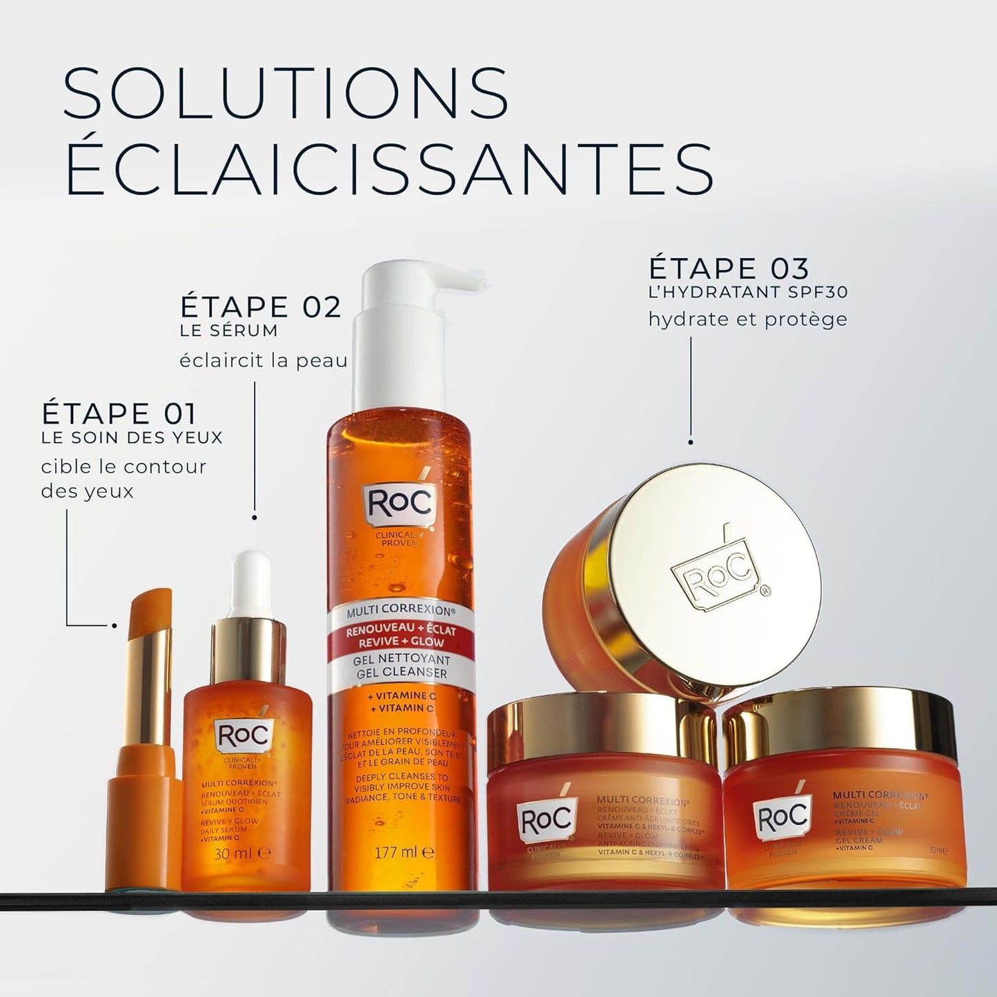 RoC - Multi Correxion Revive + Glow Sérum de Nuit Lissant à la Vitamine C - Anti-rides et Vieillissement -Anti-Âge - Réduction des Points Noirs - 30 Capsules
