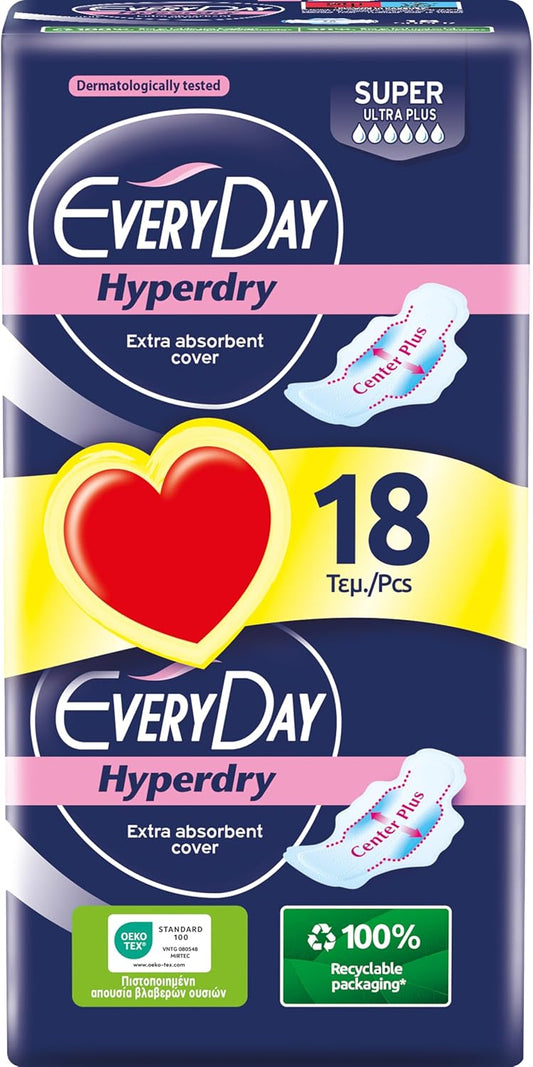 EveryDay Hyperdry Super, Serviettes Hygiéniques Longues avec Ailettes, Flux Abondant, 18 Unité