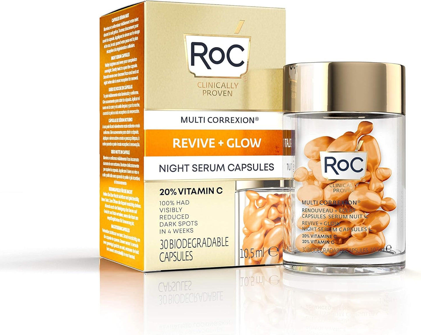 RoC - Multi Correxion Revive + Glow Sérum de Nuit Lissant à la Vitamine C - Anti-rides et Vieillissement -Anti-Âge - Réduction des Points Noirs - 30 Capsules