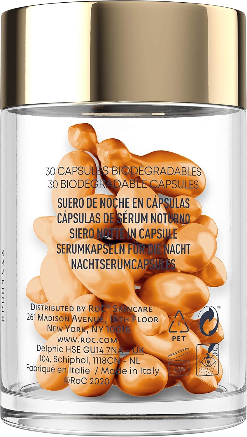 RoC - Multi Correxion Revive + Glow Sérum de Nuit Lissant à la Vitamine C - Anti-rides et Vieillissement -Anti-Âge - Réduction des Points Noirs - 30 Capsules