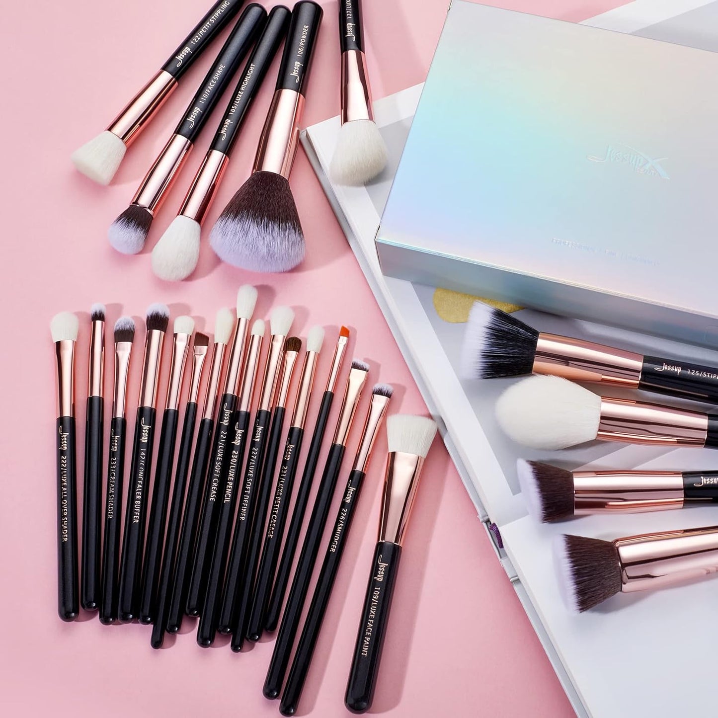 Jessup Pinceaux Maquillages 25pcs Ensemble Picneau à Maquillage Professionnel Pinceau Teint,Poudre,Fard à Paupières,Eye-Liner,Correcteur Pinceaux Kit Synthétiques Naturelles Noir/Or Rose T155