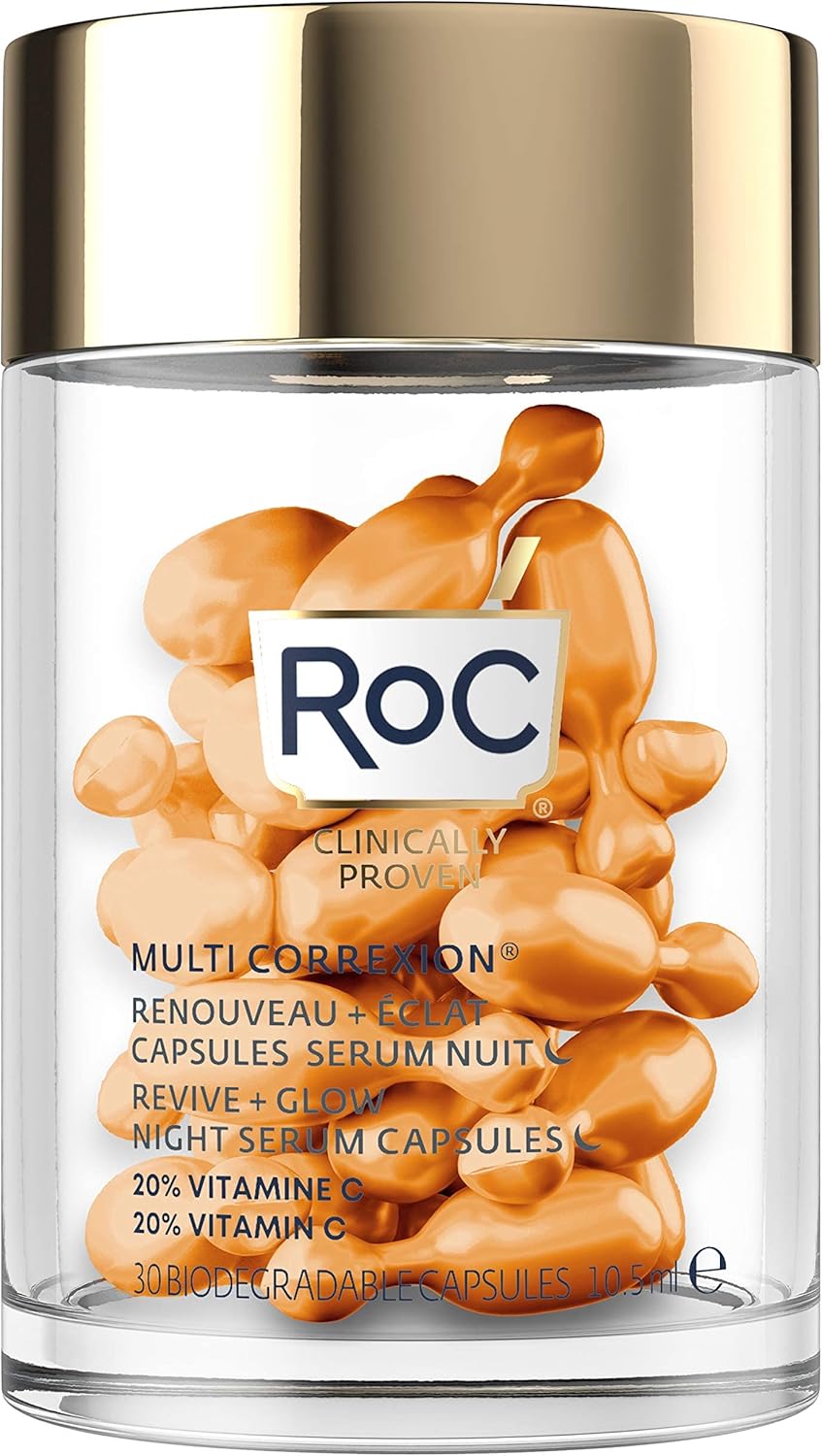 RoC - Multi Correxion Revive + Glow Sérum de Nuit Lissant à la Vitamine C - Anti-rides et Vieillissement -Anti-Âge - Réduction des Points Noirs - 30 Capsules