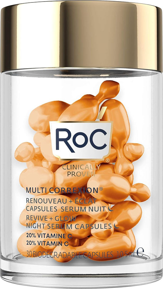 RoC - Multi Correxion Revive + Glow Sérum de Nuit Lissant à la Vitamine C - Anti-rides et Vieillissement -Anti-Âge - Réduction des Points Noirs - 30 Capsules