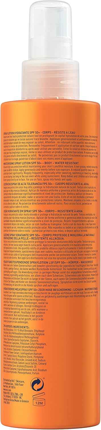 RoC - Soleil-Protect Lotion Spray Hydratant SPF 30 - Non Grasse Crème Solaire - Haute Protection - Résistant à l'Eau - 200 ml