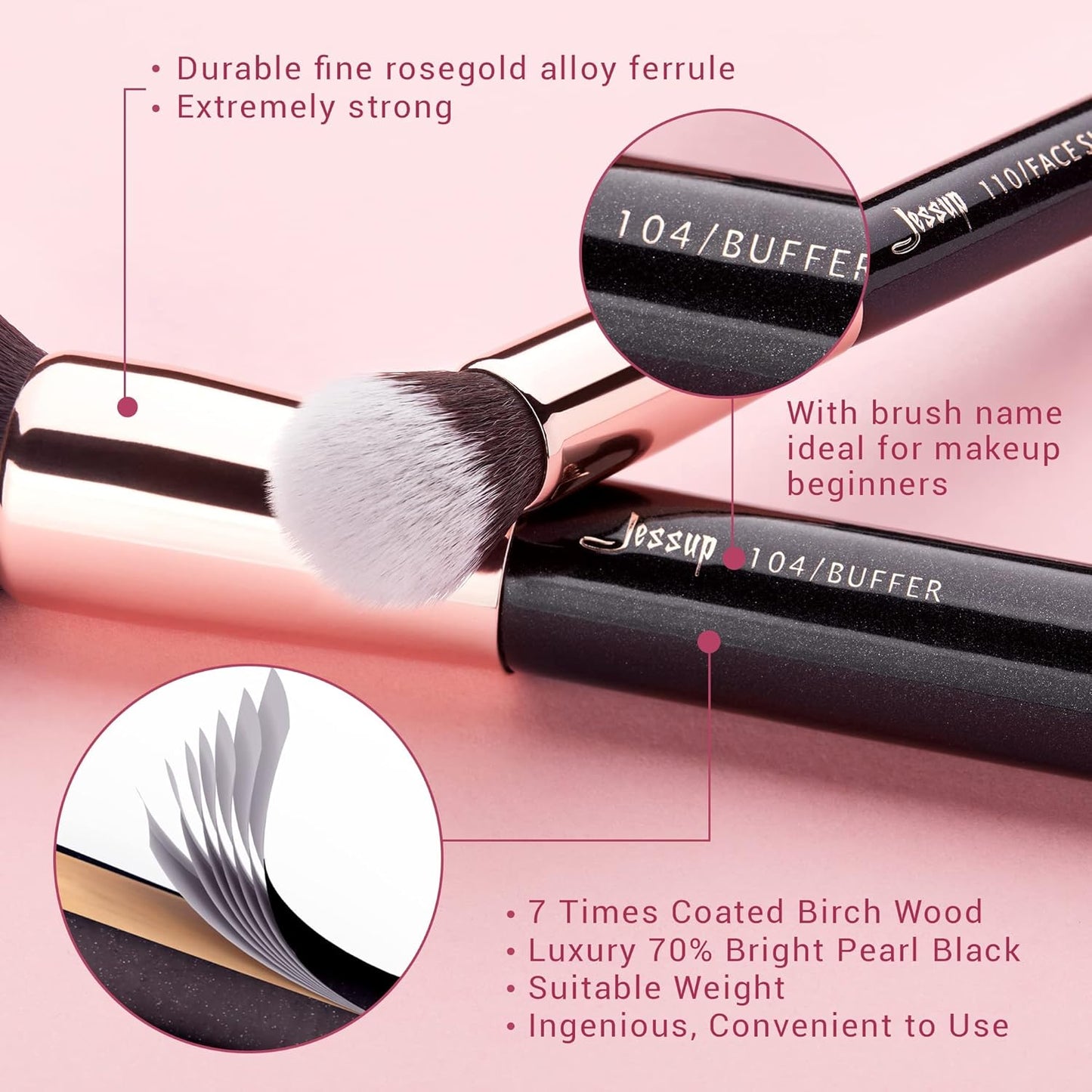 Jessup Lot de 10 pinceaux de maquillage - Pour fond de teint, eyeliner, anti-cerne, tampon - Fabrication artisanale - Poils synthétiques - Kit d'outils de maquillage - Noir et or rose - T156
