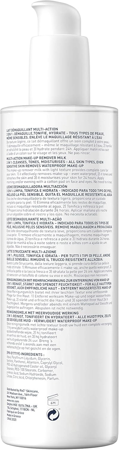 RoC - Démaquillant au Lait 3 en 1 - Nettoie, Tonifie et Hydrate - Élimine le Maquillage Waterproof - Tous Types de Peau - 400 ml