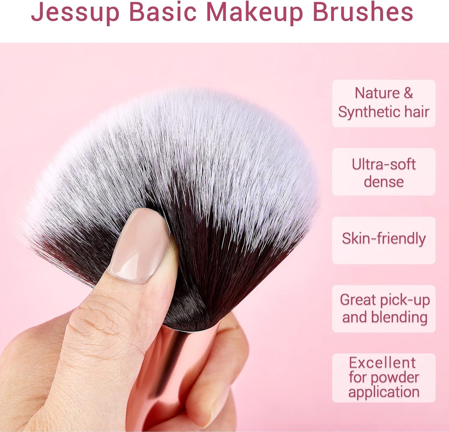 Jessup Lot de 10 pinceaux de maquillage - Pour fond de teint, eyeliner, anti-cerne, tampon - Fabrication artisanale - Poils synthétiques - Kit d'outils de maquillage - Noir et or rose - T156