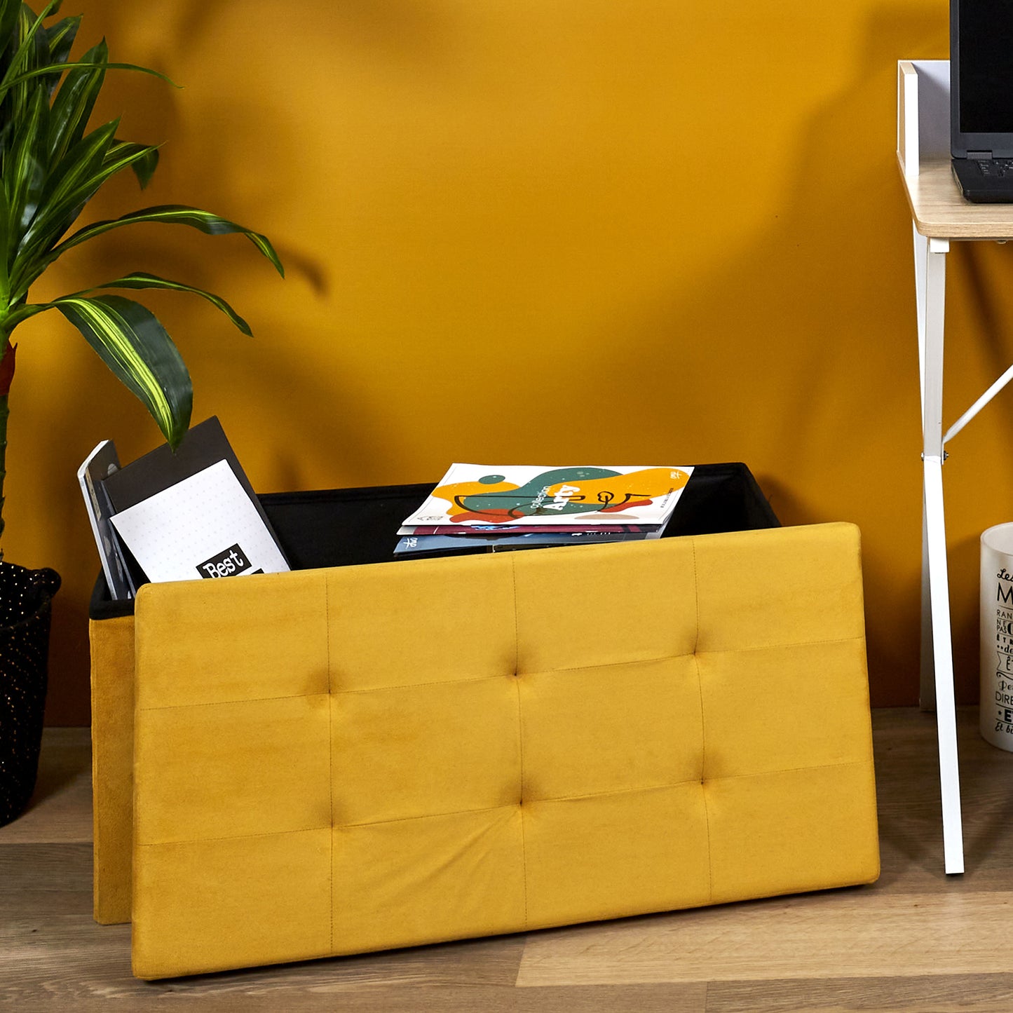 Coffre Banc Pliable Suedine Jaune