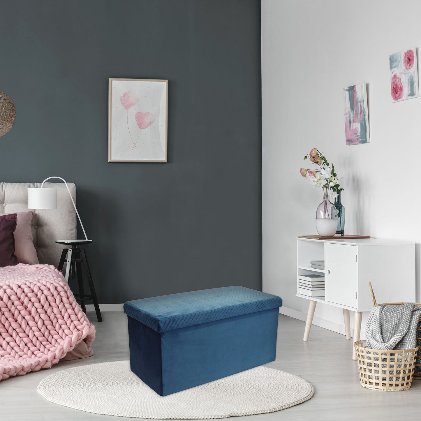 Coffre Banc Pliable Velours A Motif Bleu