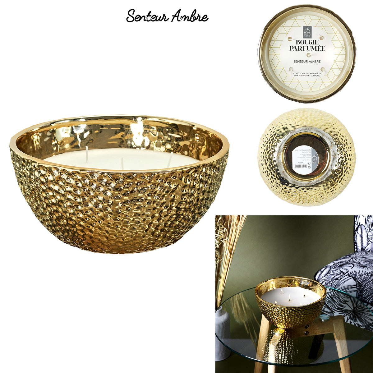 Bougie Parfumee Martelee Doree 5 Meches D21Cm