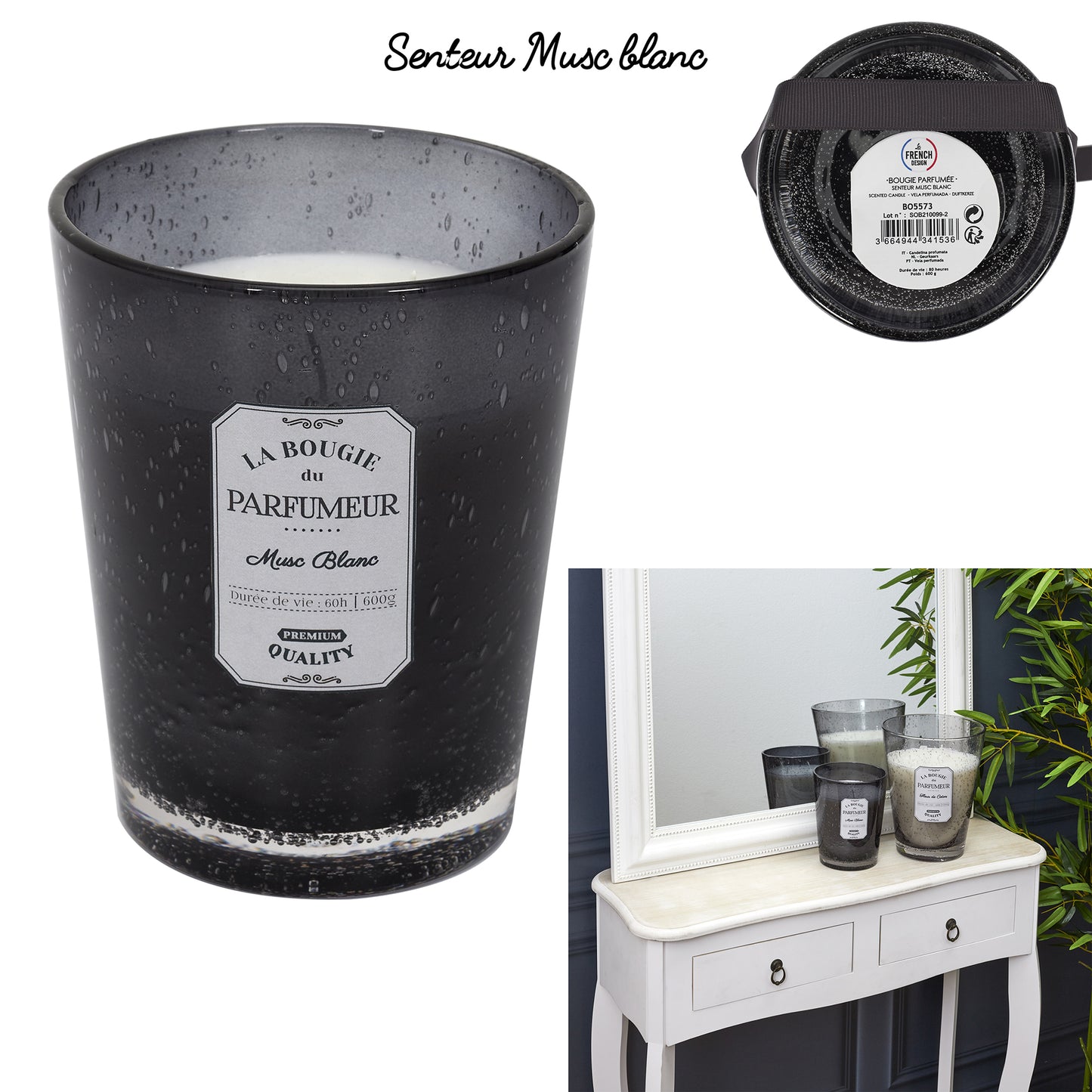 Bougie Parfumee Verre Bulle Gris Fonce H16Cm