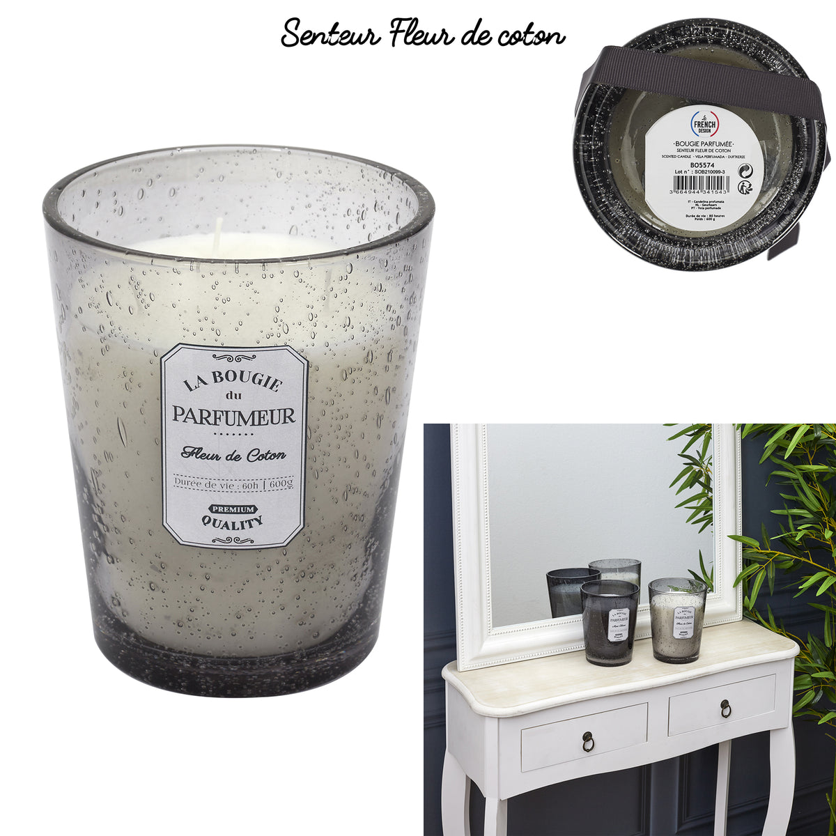Bougie Parfumee Verre Bulle Gris Clair H16Cm