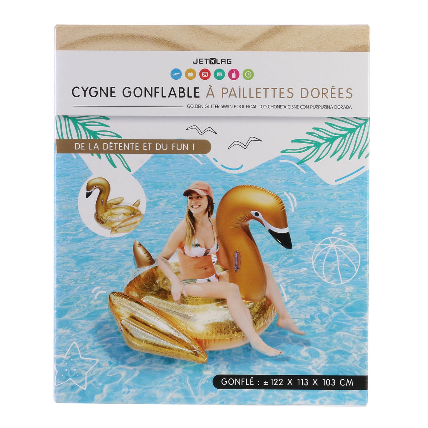 Matelas Gonflable Cygne Paillettes Dorees 122Cm