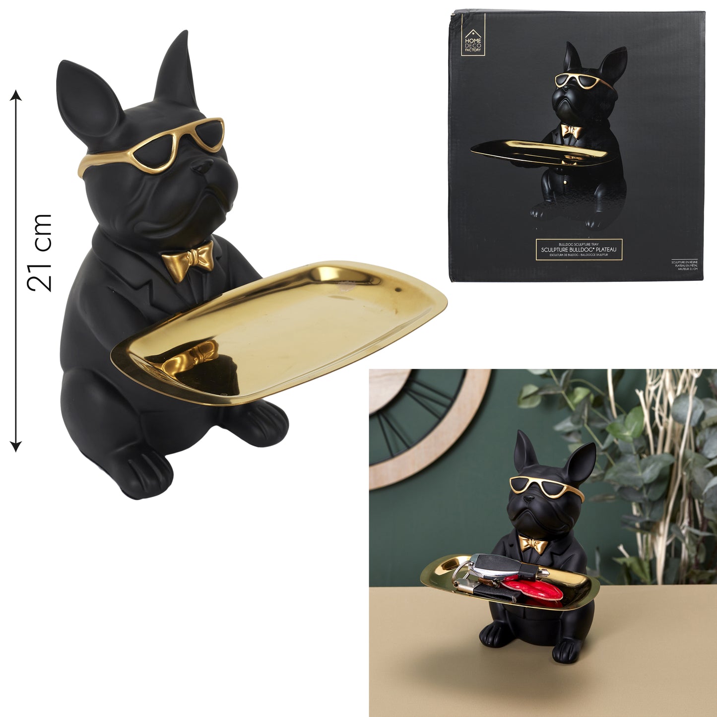 Sculpture Deco Bulldog Noir Vide Poche 21Cm