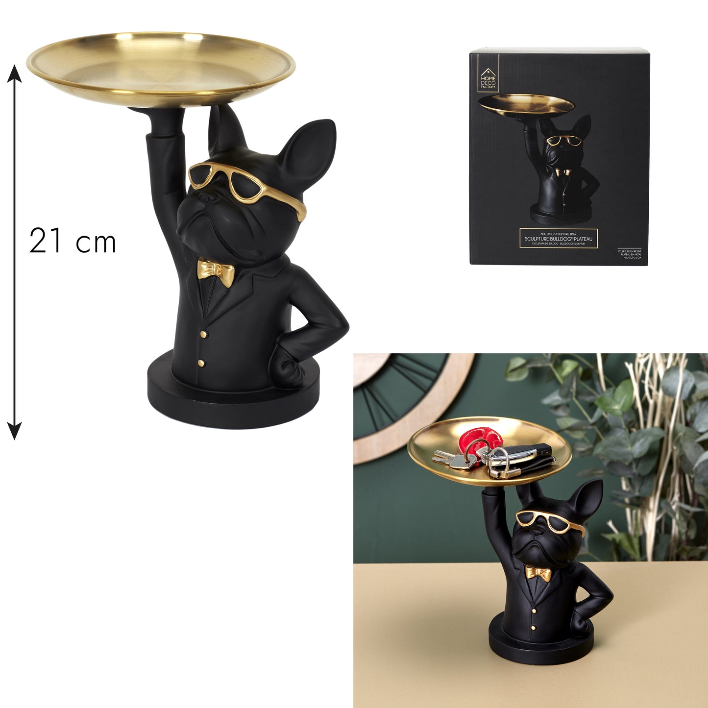 Sculpture Deco Bulldog Noir Vide Poche 23Cm