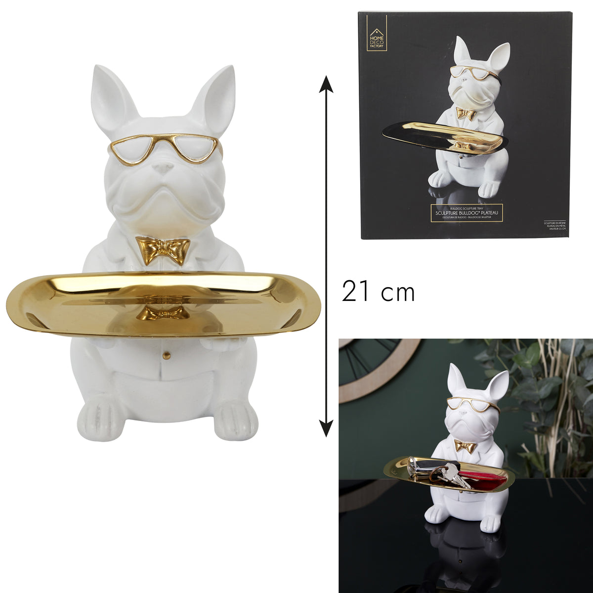 Sculpture Deco Bulldog Blanc Vide Poche 23Cm