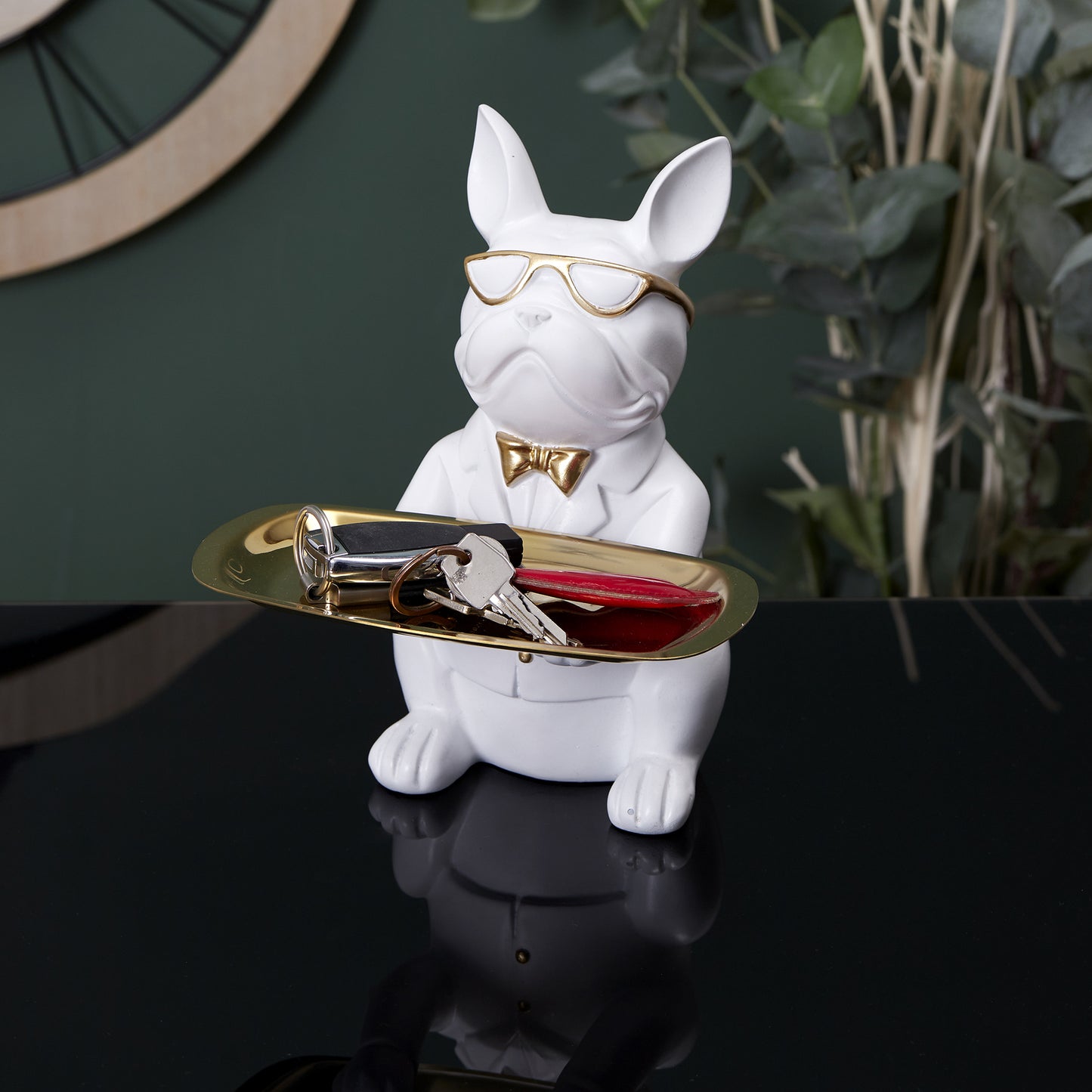 Sculpture Deco Bulldog Blanc Vide Poche 23Cm