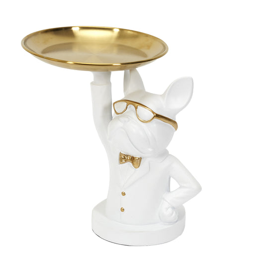 Sculpture Deco Bulldog Blanc Vide Poche 23Cm