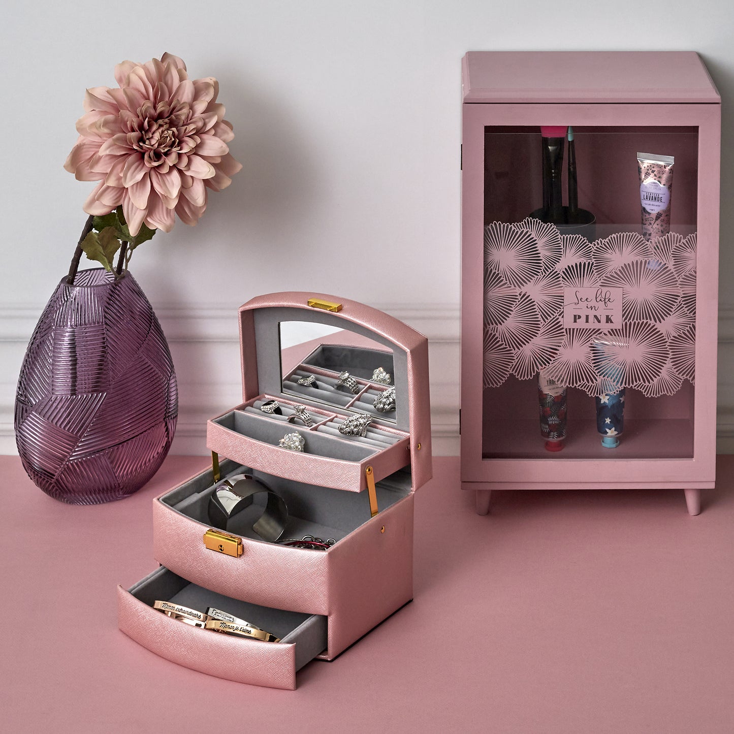 Rangement Deco Avec Etagere Rose 24X40X14.5Cm