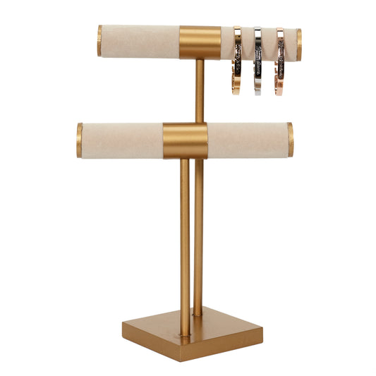 Porte Bijoux Double Beige Pied Dore