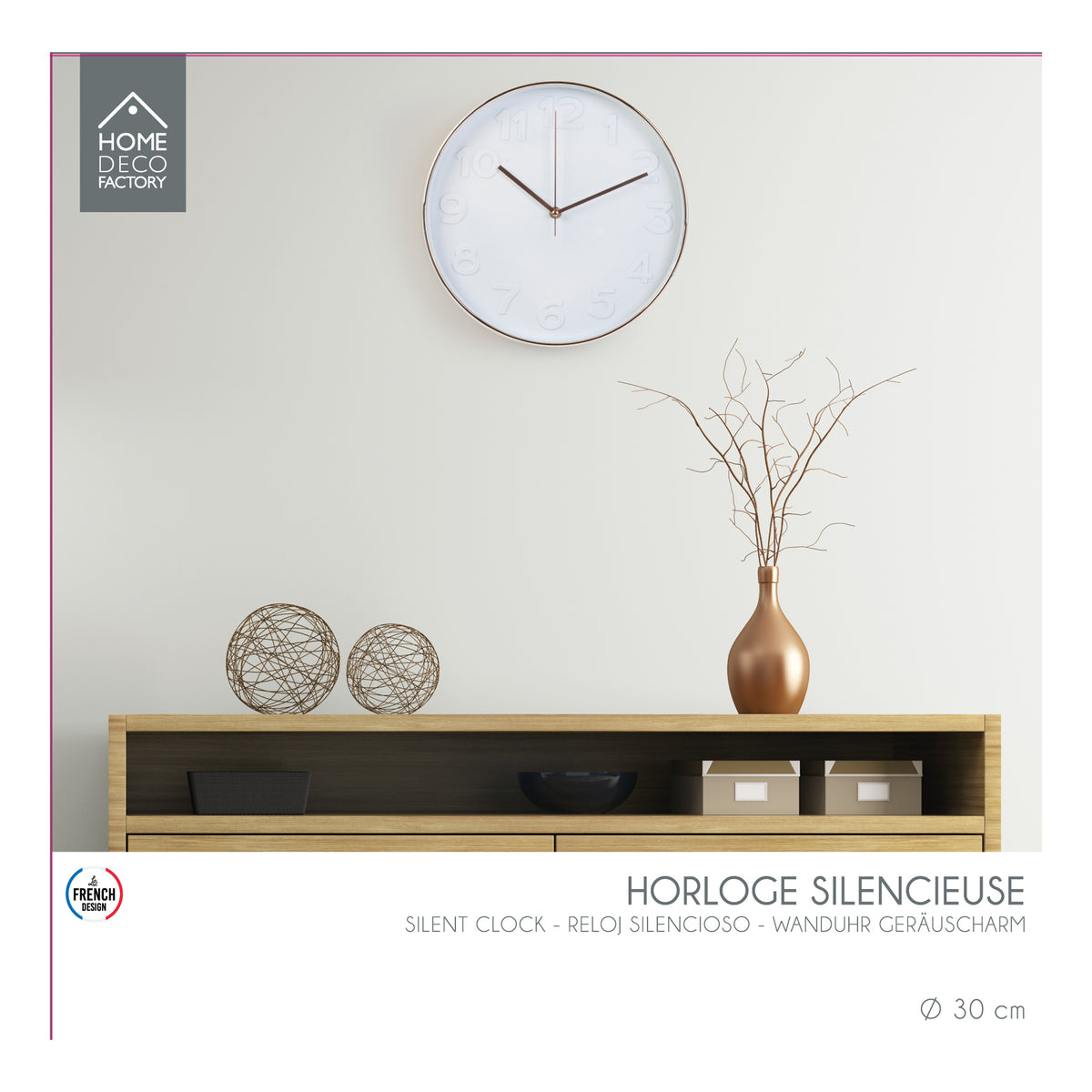 Horloge Ronde 30.5Cm Blanche Cuivree