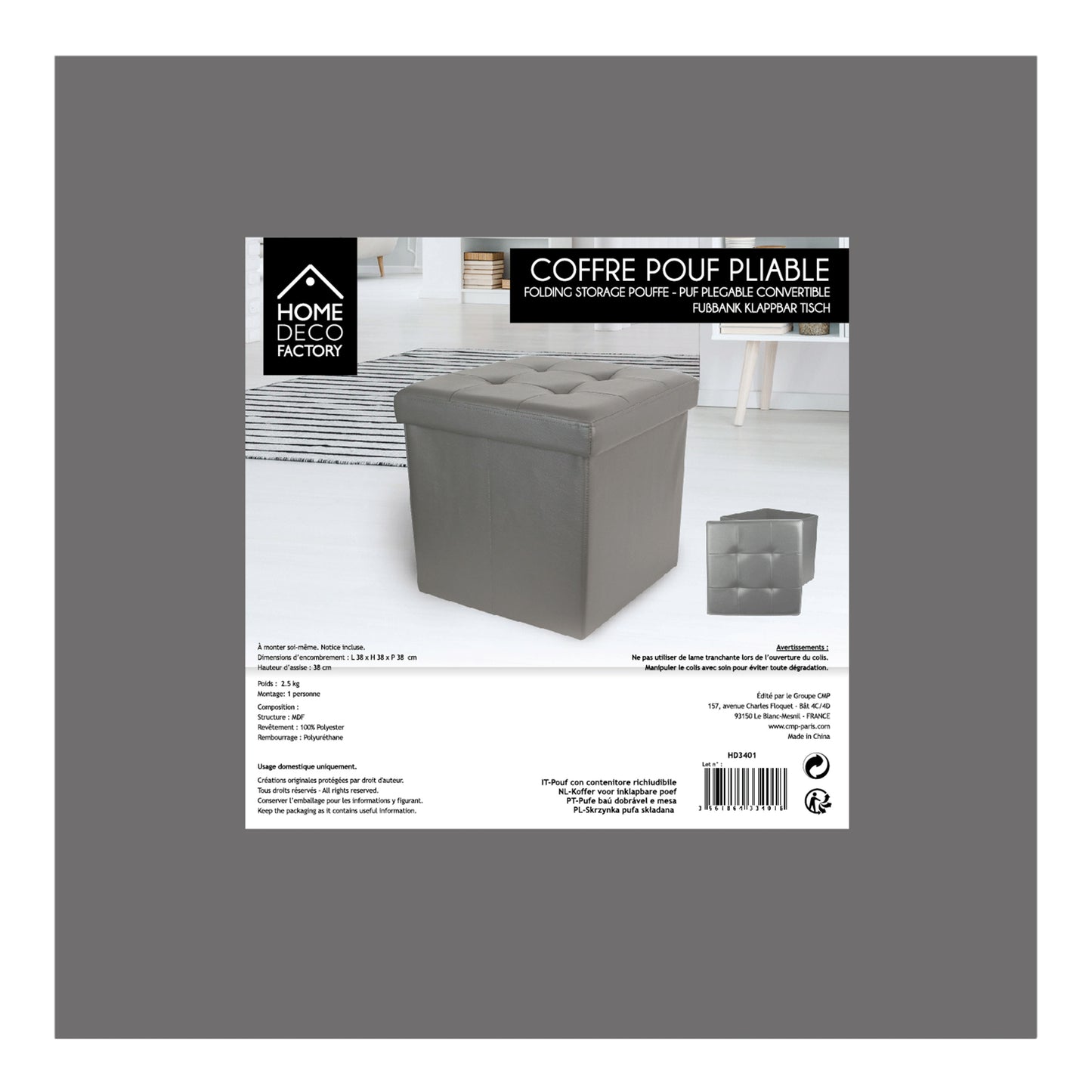 Coffre Pouf Pliable Pu Gris