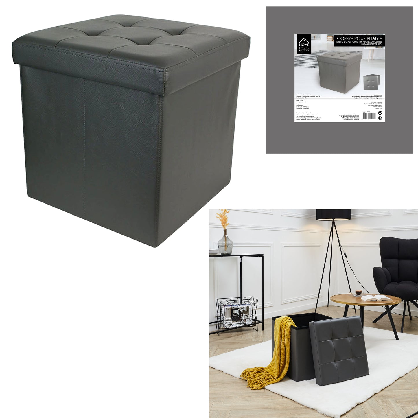 Coffre Pouf Pliable Pu Gris