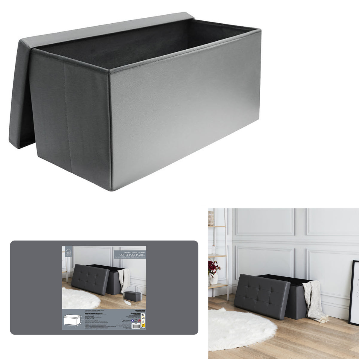 Coffre Banc Pliable Pu Gris