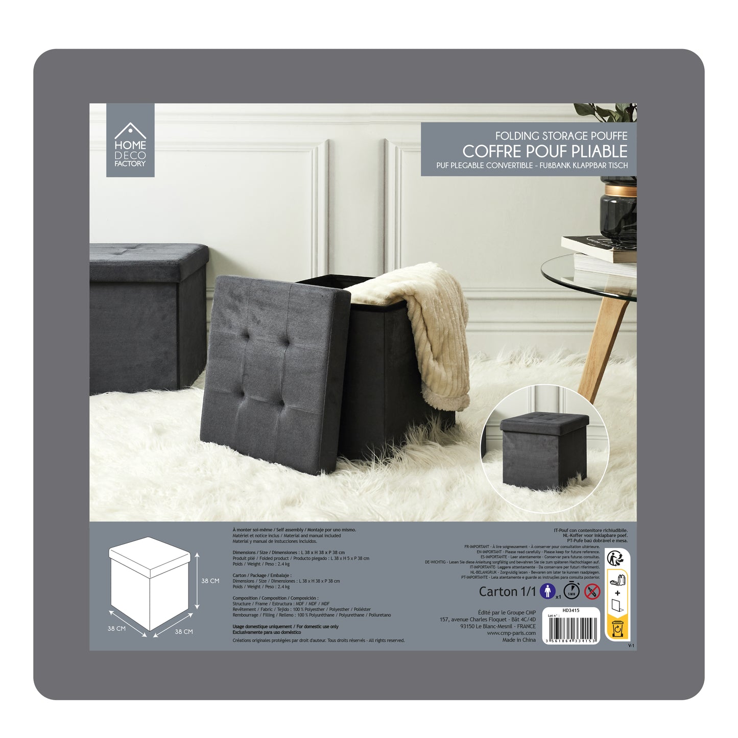 Coffre Pouf Pliable Suedine Gris Fonce