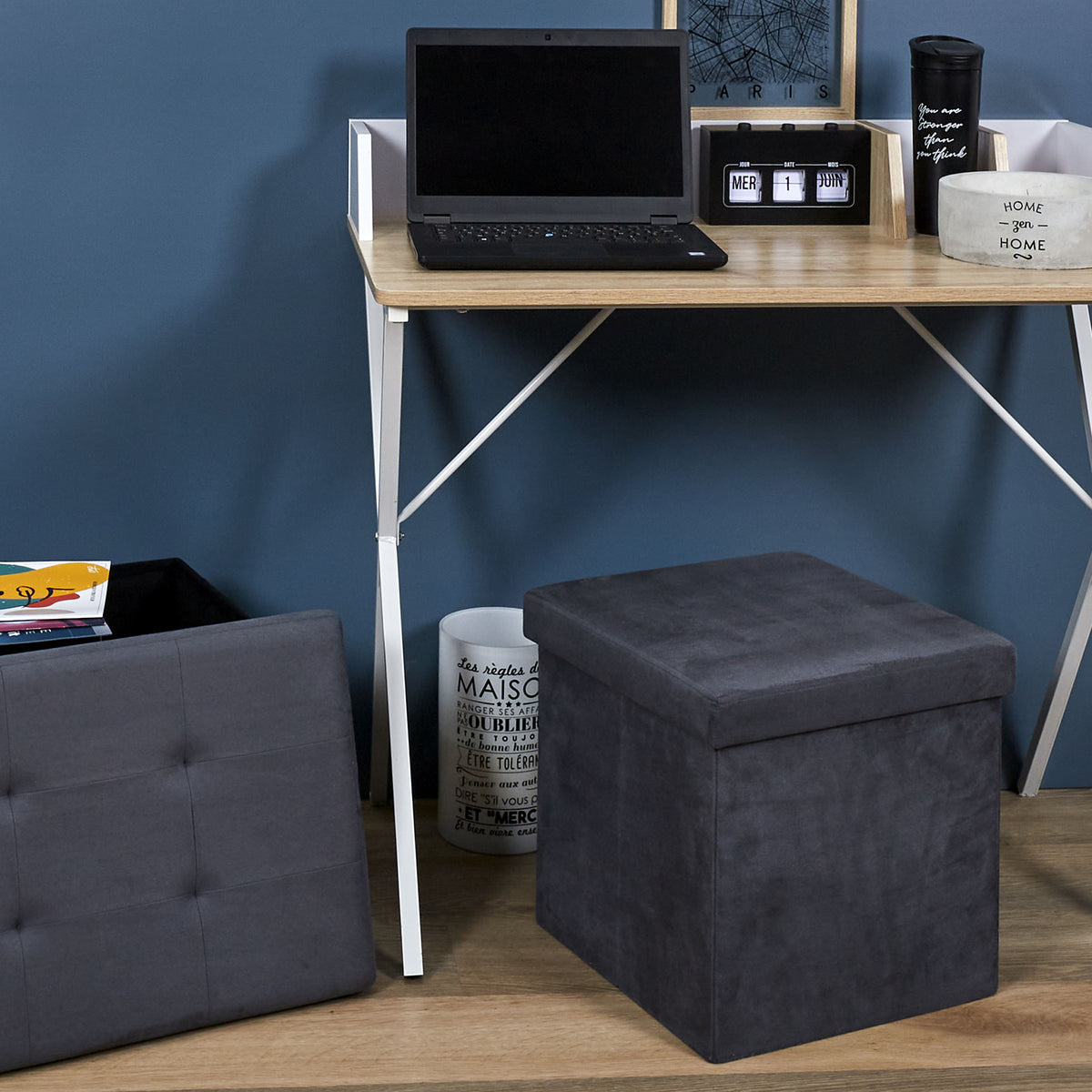 Coffre Pouf Pliable Suedine Gris Fonce
